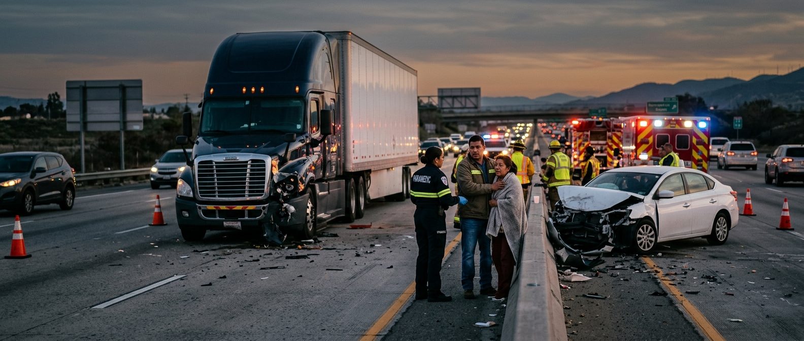 Camión comercial dañado tras colisión en carretera al atardecer.