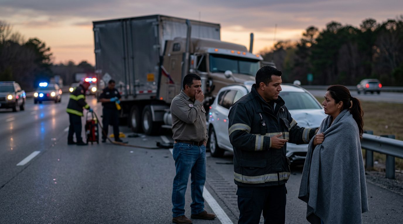 Camión comercial dañado tras colisión en carretera al atardecer.
