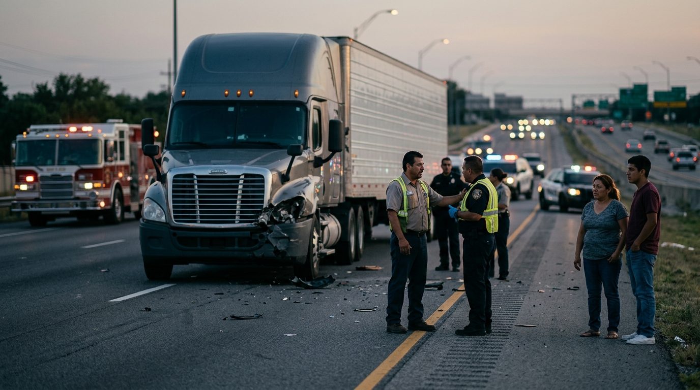 Camión comercial dañado tras colisión en carretera al atardecer.