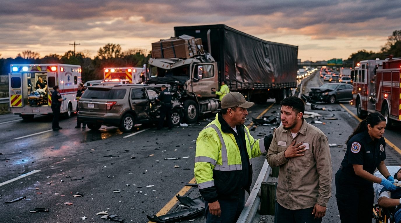Camión comercial dañado tras colisión en carretera al atardecer.