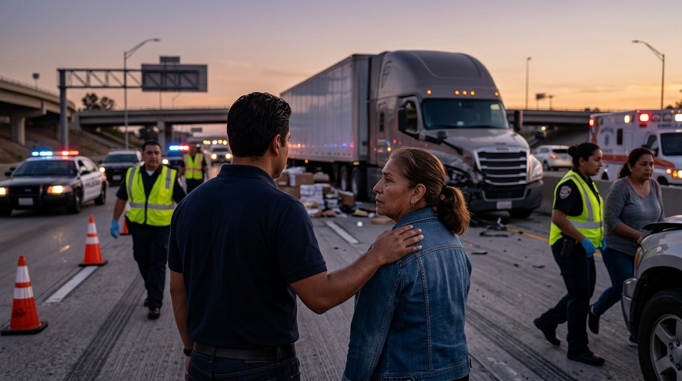 Camión comercial dañado tras colisión en carretera al atardecer.