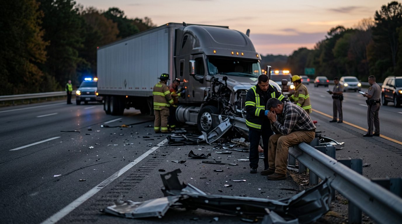 Camión comercial dañado tras colisión en carretera al atardecer.