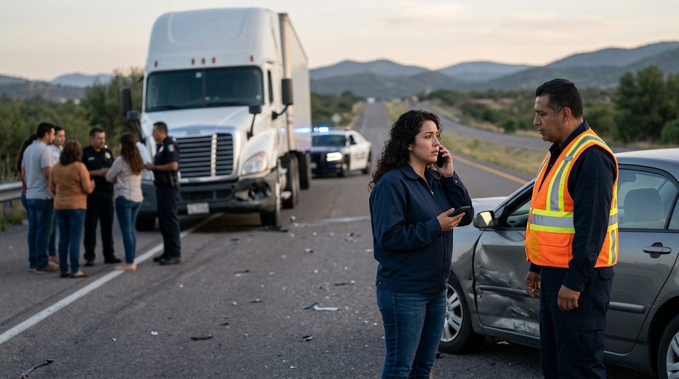 Camión comercial dañado tras colisión grave en carretera al atardecer.