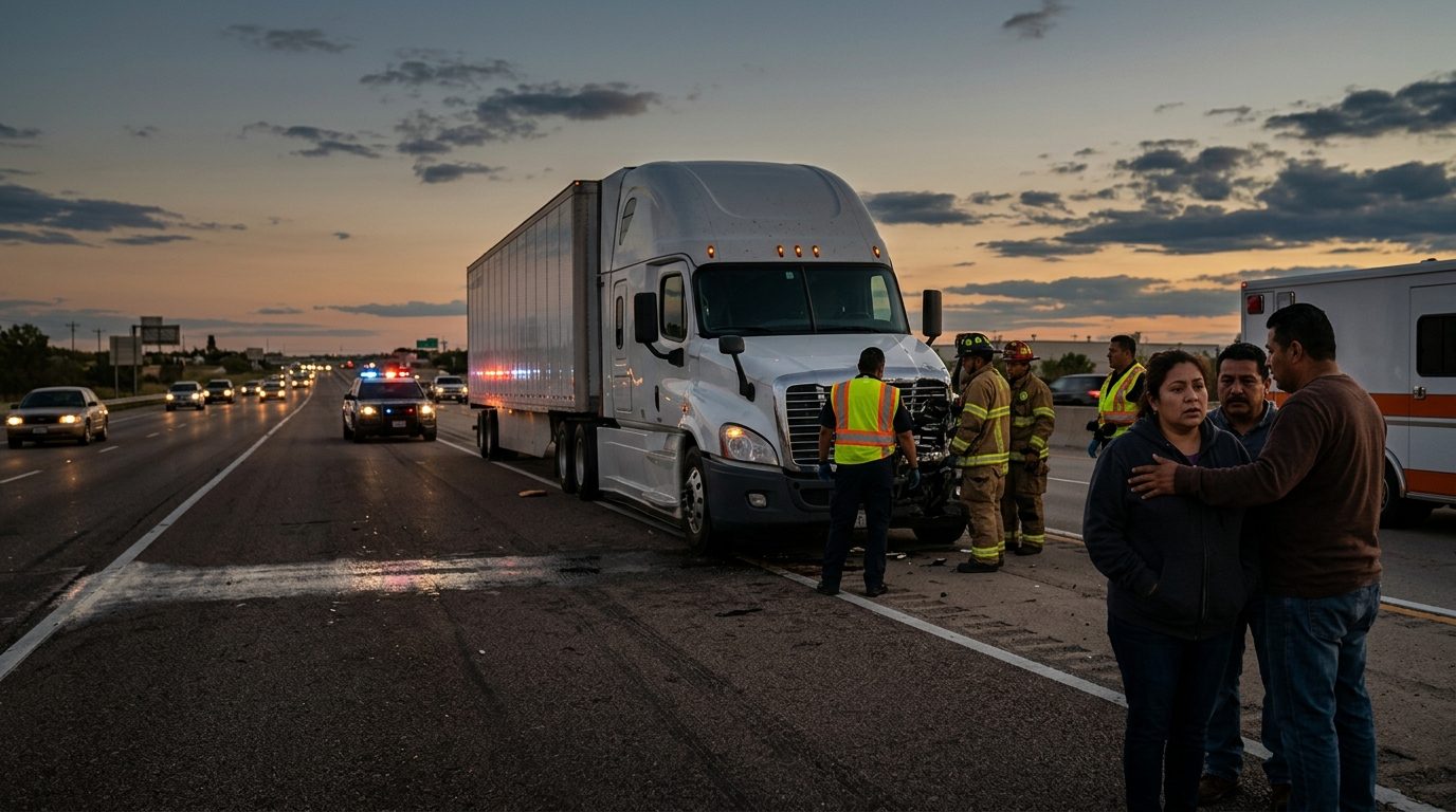 Camión comercial dañado tras colisión grave en carretera al atardecer.