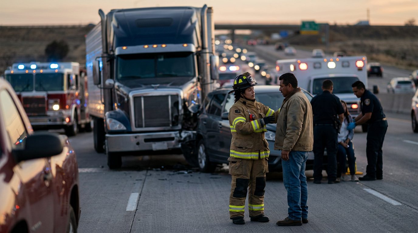 Camión comercial dañado tras colisión grave en carretera al atardecer.