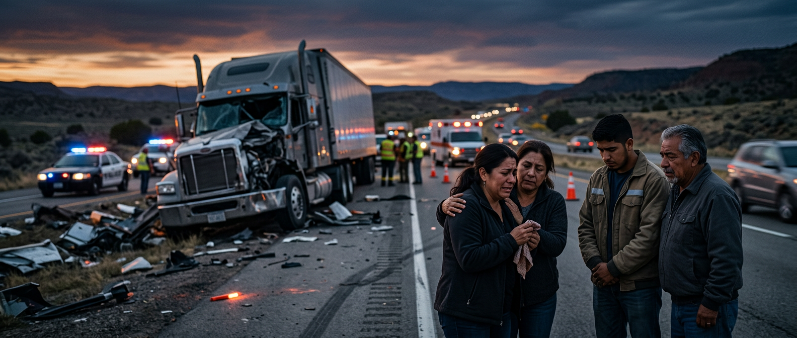 Camión comercial siniestrado en una autopista al atardecer tras un grave accidente.
