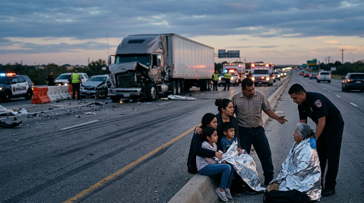 Camión comercial volcado en carretera al atardecer tras colisión grave.