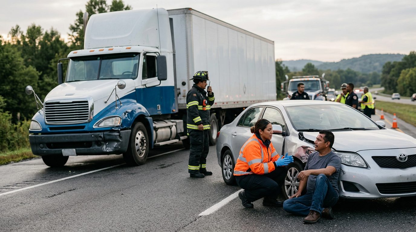 Camión dañado y auto de pasajeros después de accidente grave en carretera.