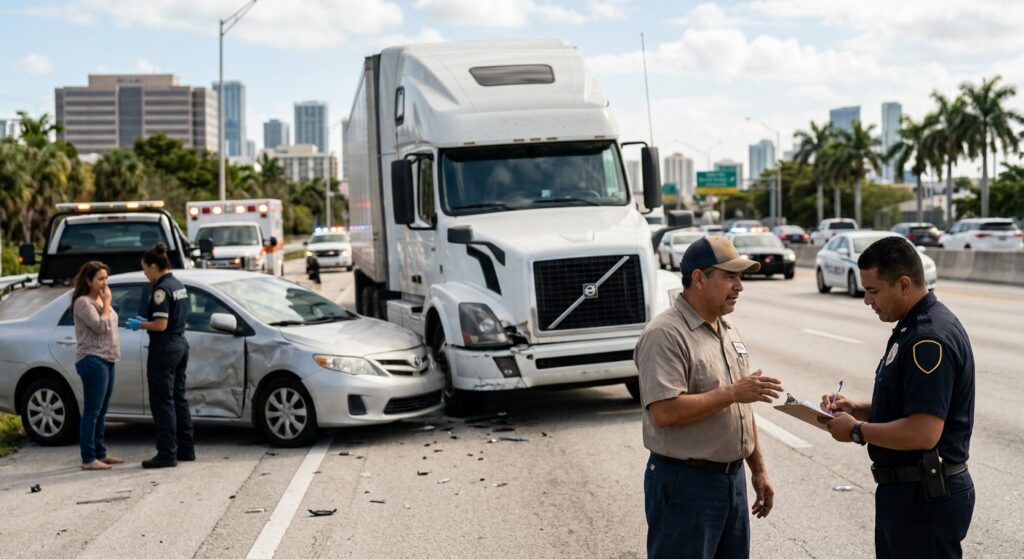 Camión dañado y automóvil después de accidente grave en carretera.