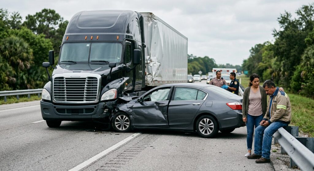 Camión dañado y vehículo de pasajeros después de accidente grave en carretera.