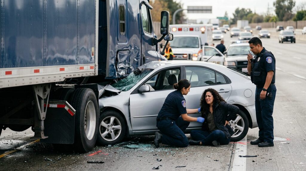 Camión dañado y vehículo de pasajeros después de accidente grave en carretera.