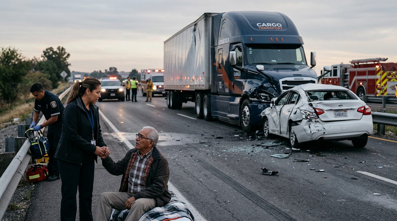 Camión dañado y vehículo de pasajeros después de accidente grave en carretera.