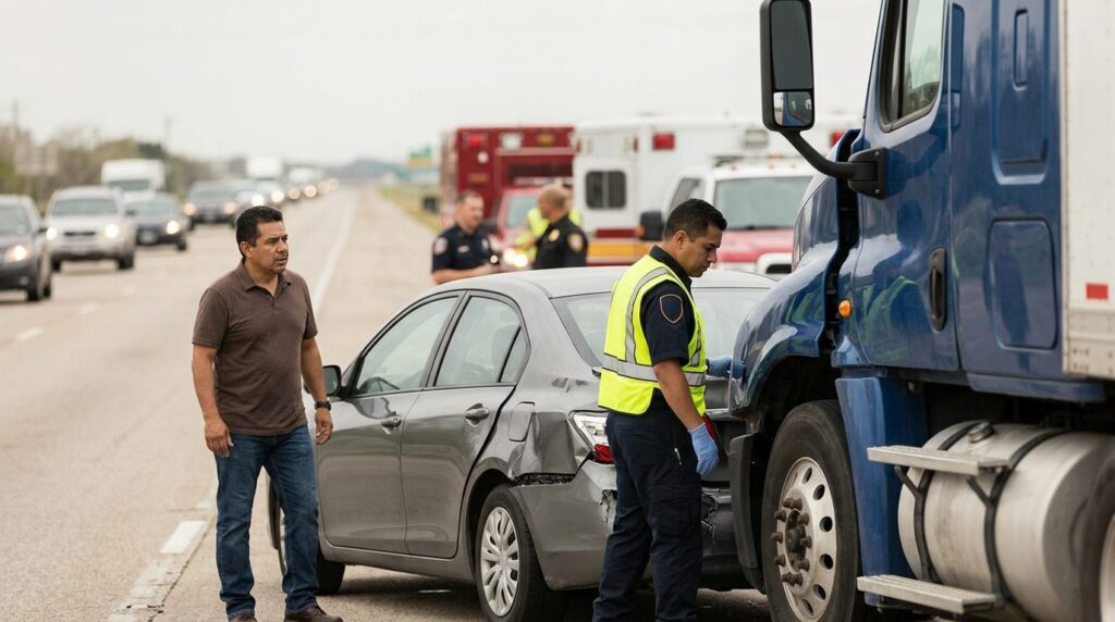 Camión dañado y vehículo de pasajeros después de accidente grave en carretera.