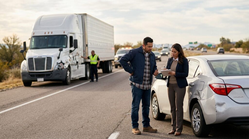 Camión dañado y vehículo de pasajeros después de accidente grave en carretera.