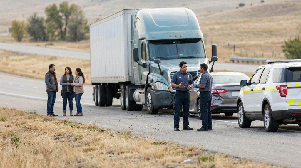 Camión dañado y vehículo de pasajeros después de un accidente grave en la carretera.