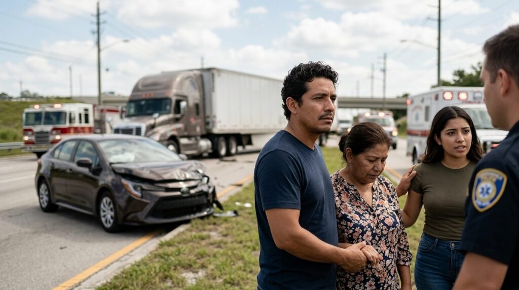 Camión semirremolque dañado y vehículo de pasajeros después de accidente grave en Jacksonville.