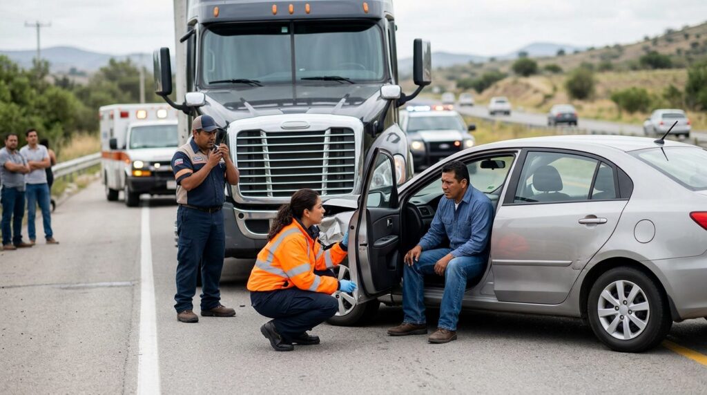 Camión semirremolque dañado y vehículo de pasajeros después de accidente grave en carretera.