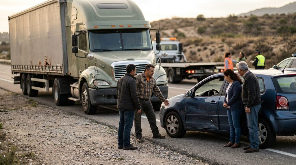 Camión semirremolque dañado y vehículo de pasajeros después de un accidente grave.