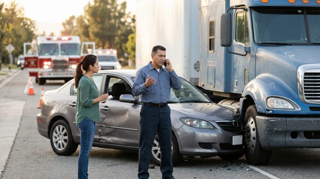 a damaged semi truck and passenger vehicle after a serious truck accident, non-graphic, featuring Hispanic and Latino people