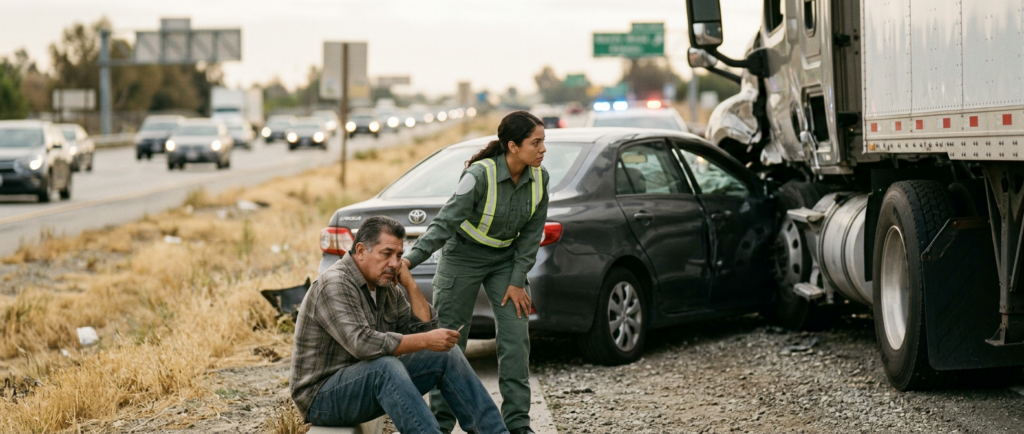 Camión semirremolque y automóvil dañados tras un grave accidente de tráfico.