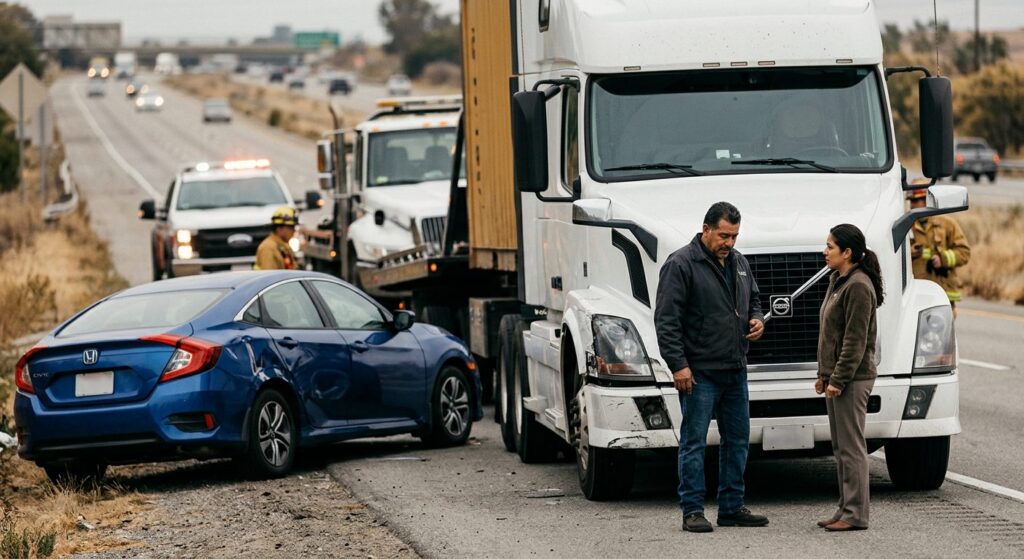 Camión semirremolque y automóvil dañados tras un grave accidente de tráfico.