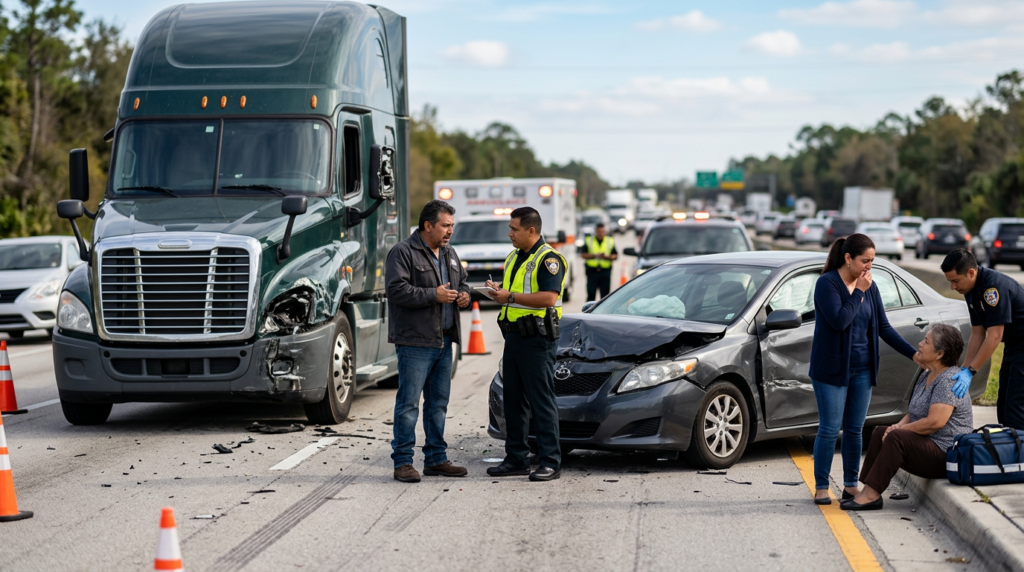 Camión semirremolque y vehículo dañados tras un accidente de camión en Florida.