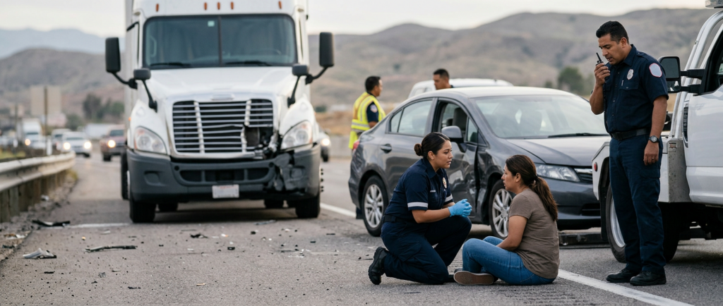 Camión semirremolque y vehículo dañados tras un grave accidente de tráfico.