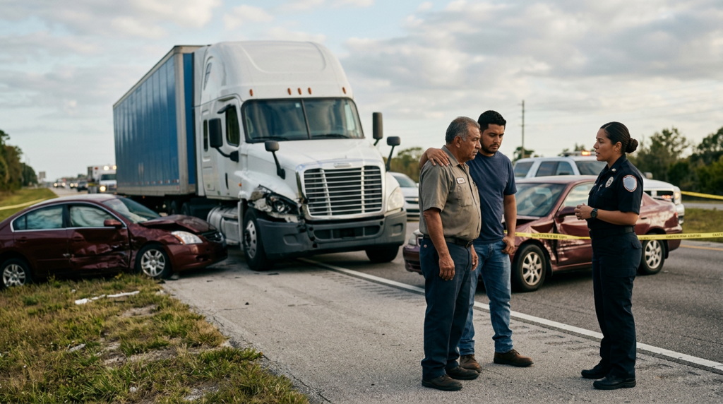 Camión semirremolque y vehículo dañados tras un grave accidente de tráfico en Florida.