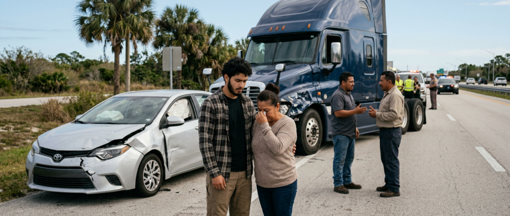 Camión semirremolque y vehículo dañados tras un grave accidente de tráfico en Florida.