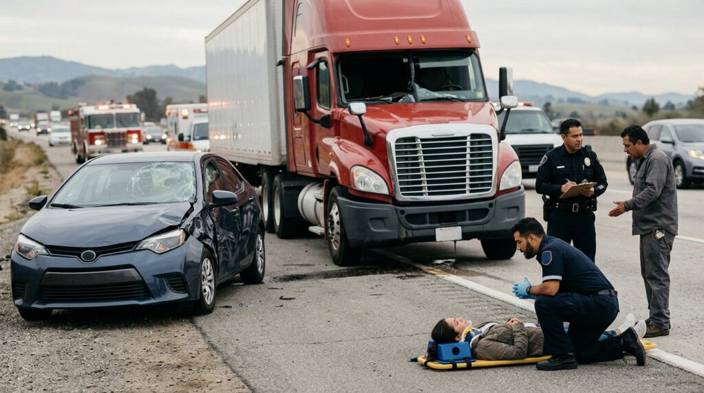 Camión semirremolque y vehículo de pasajeros dañados después de accidente grave.