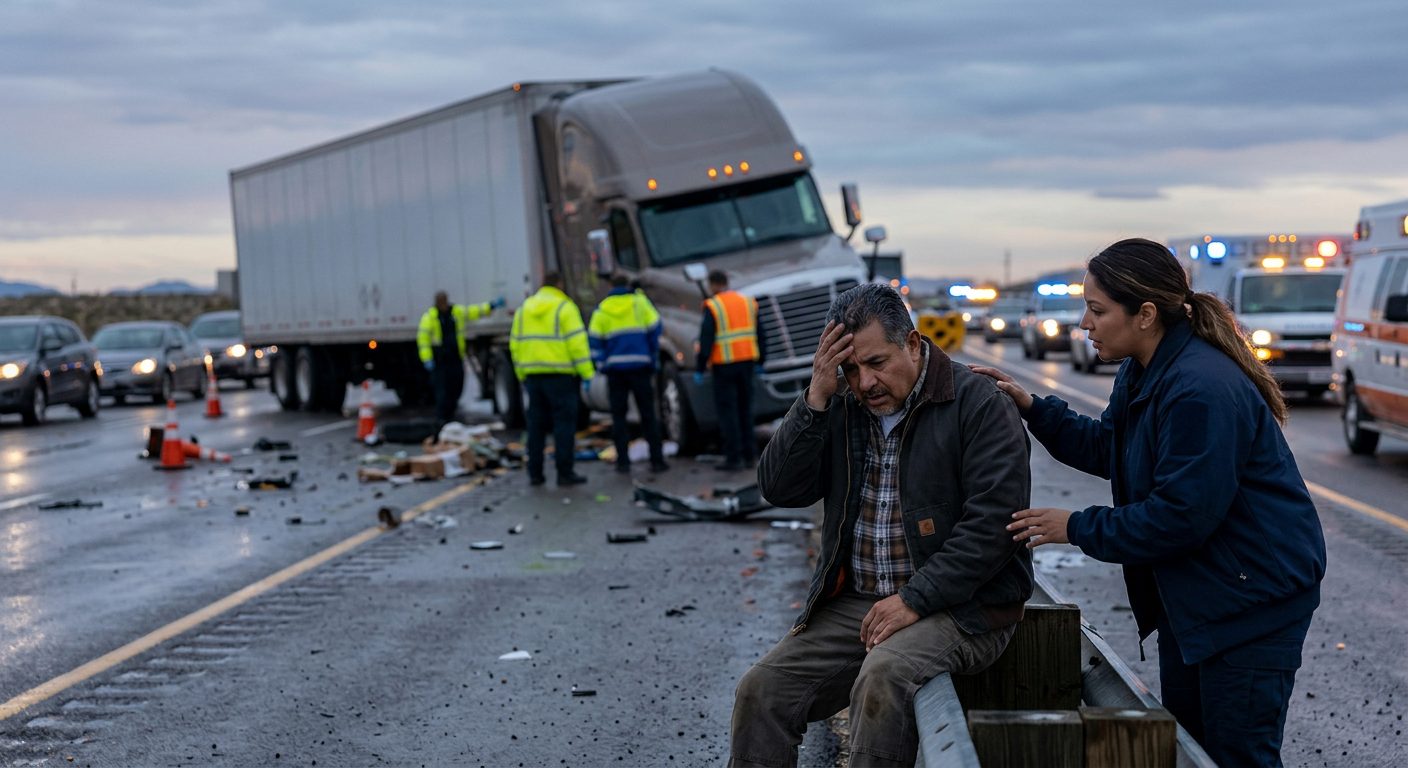 Camión volcado en autopista después de colisión grave al atardecer.