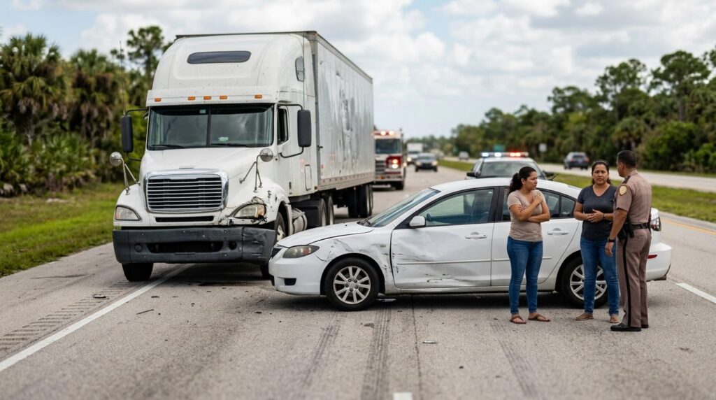 Camión y vehículo dañados después de accidente grave en carretera.