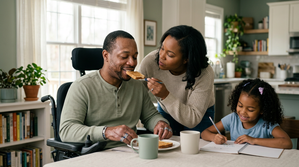 Caregiver assisting a family member in a wheelchair during a daily home routine.