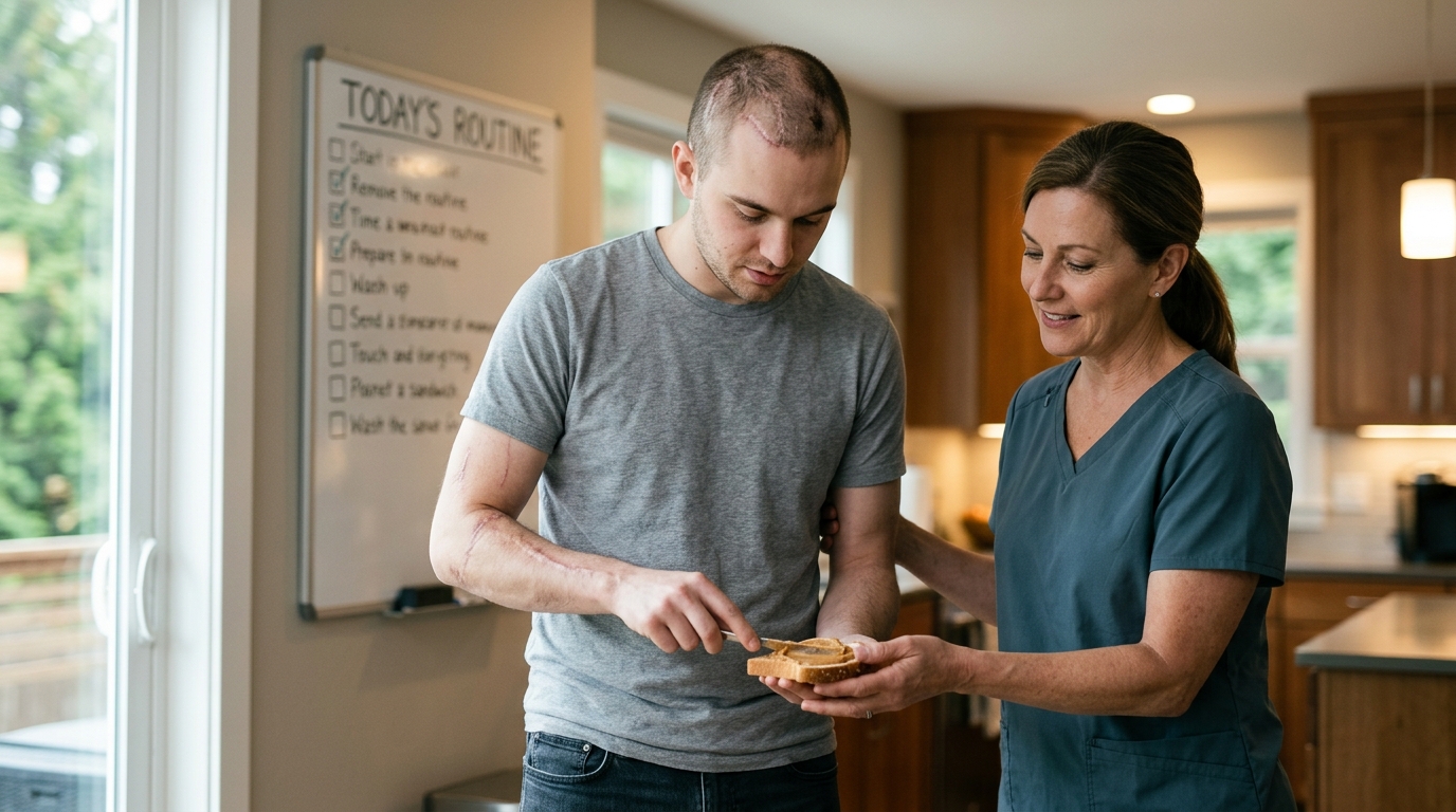 Caregiver assisting a person relearning daily routines after a traumatic brain injury.