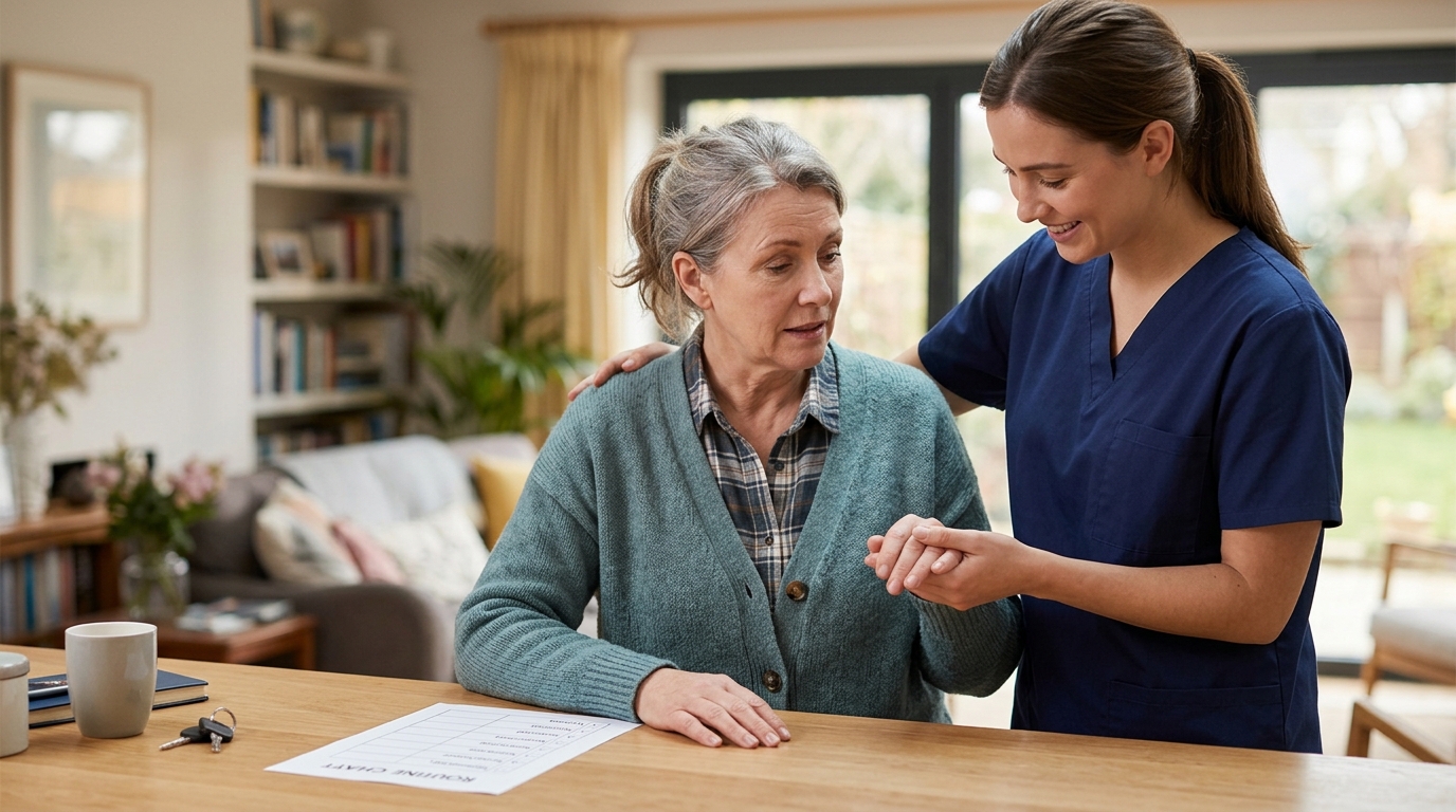 Caregiver assisting a person relearning daily routines during traumatic brain injury recovery.