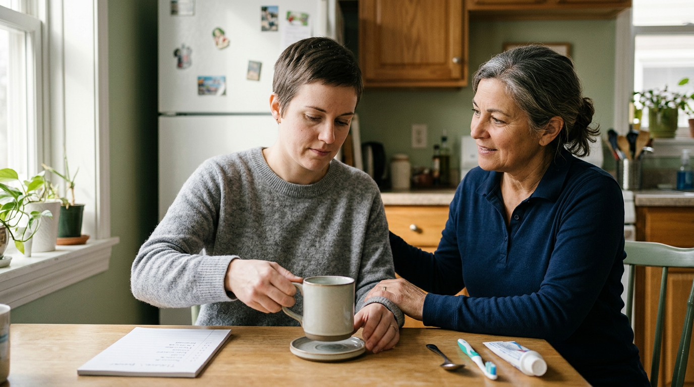 Caregiver assisting a person relearning daily routines during traumatic brain injury recovery.