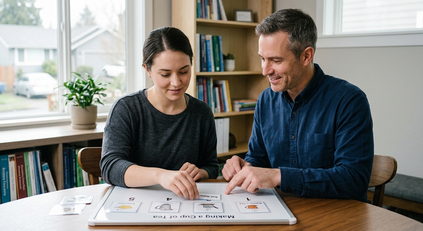 Caregiver assisting a person relearning daily routines during recovery from a traumatic brain injury.