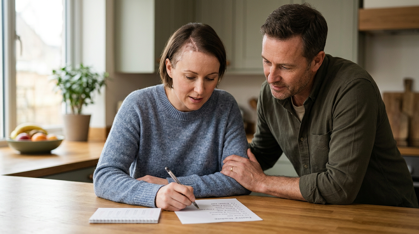 Caregiver assisting a person with relearning daily routines during traumatic brain injury recovery.