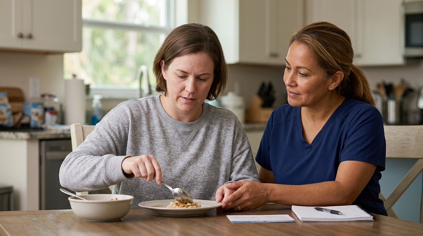 Caregiver assists a person relearning daily routines after a traumatic brain injury.