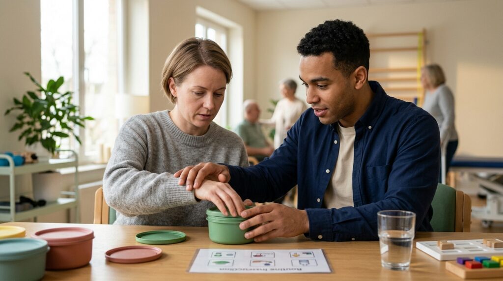 a person relearning routines with a caregiver's support after a traumatic brain injury