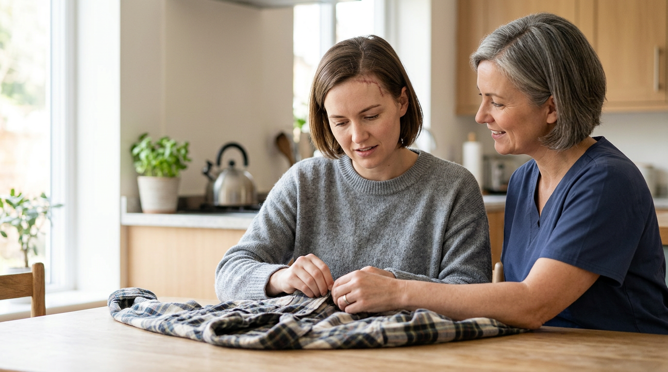 Caregiver helping a person relearn daily routines during recovery from a traumatic brain injury.