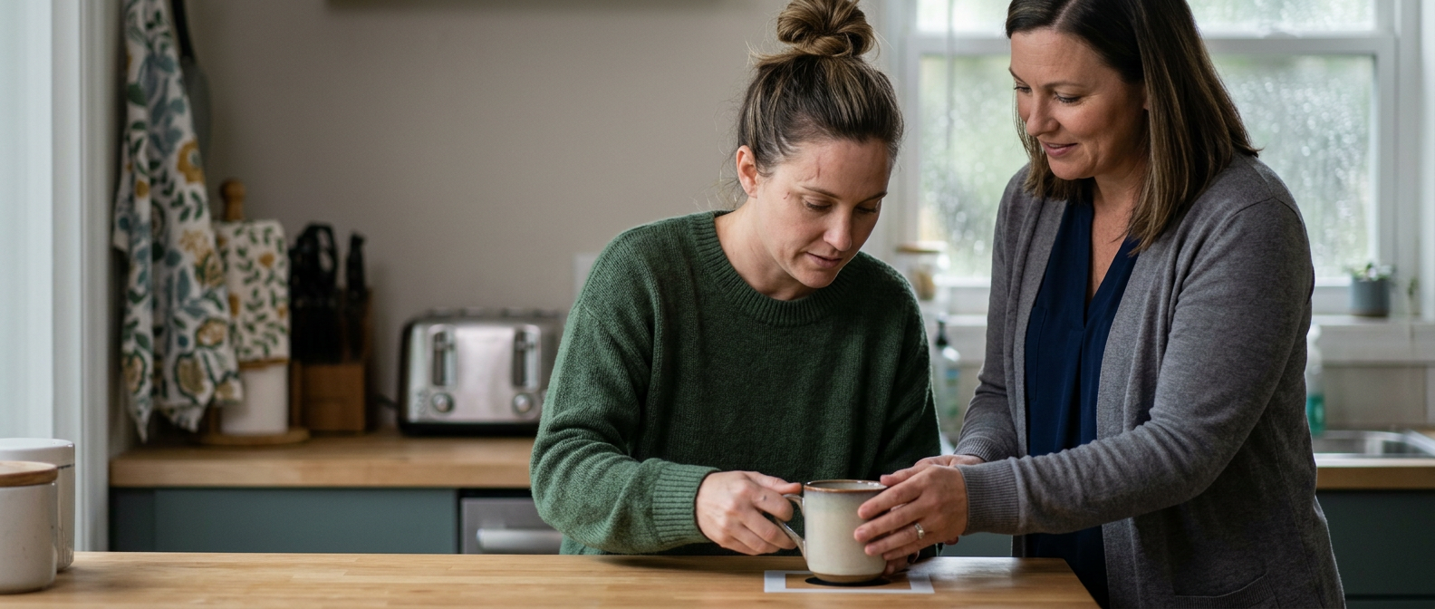 Caregiver helping a person relearn daily routines during traumatic brain injury recovery.
