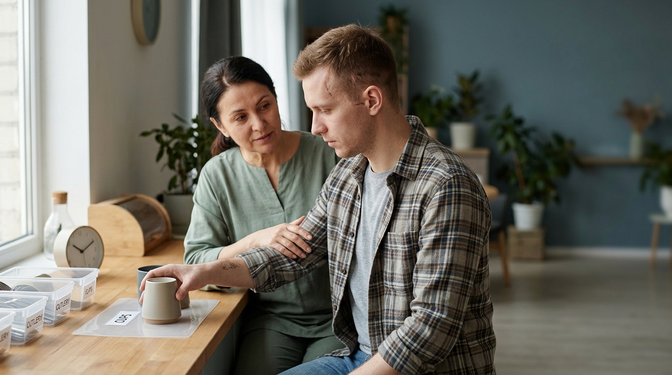Caregiver supporting a person relearning daily routines after a traumatic brain injury.