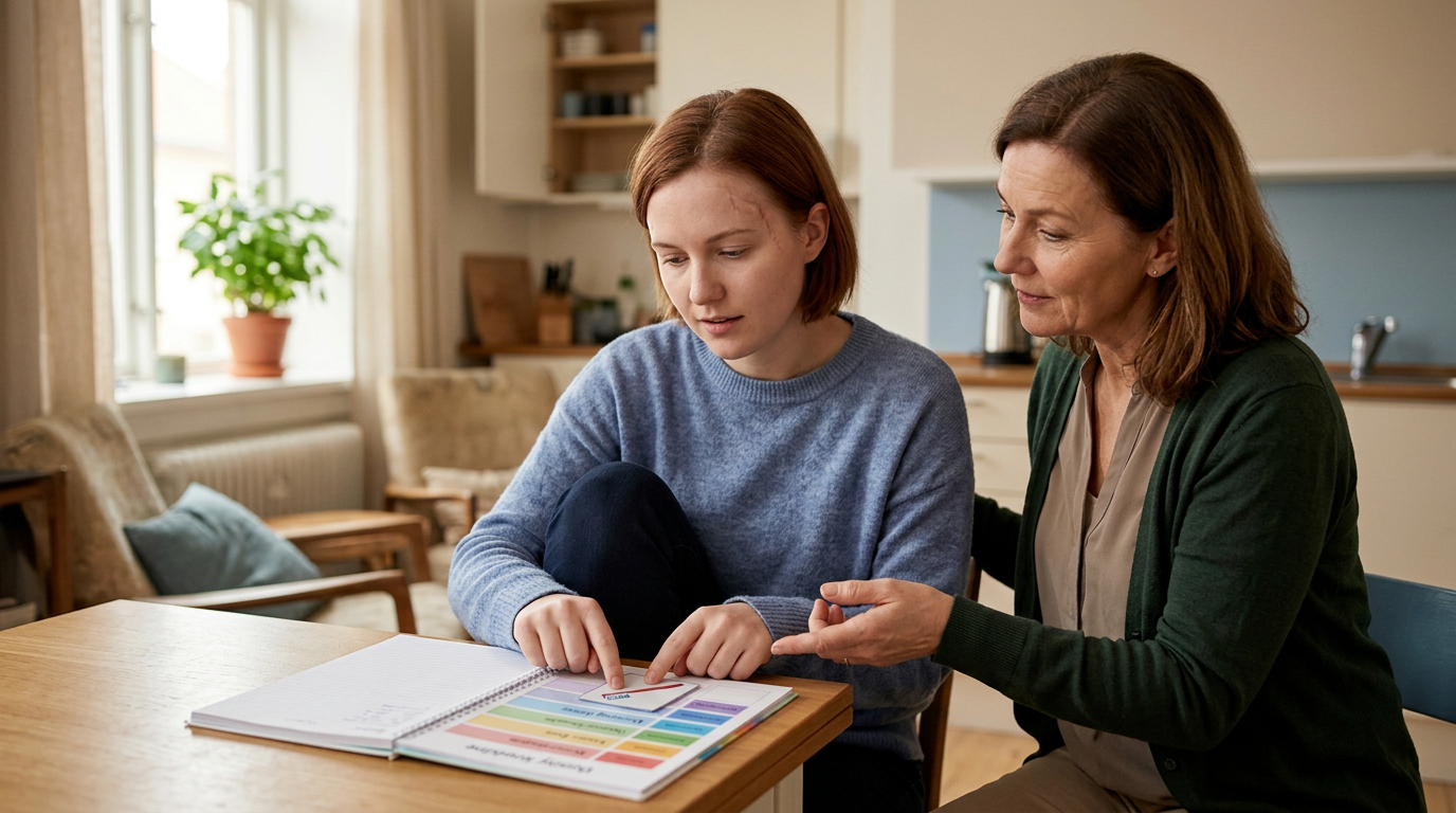 Caregiver supporting a person relearning daily routines after a traumatic brain injury.