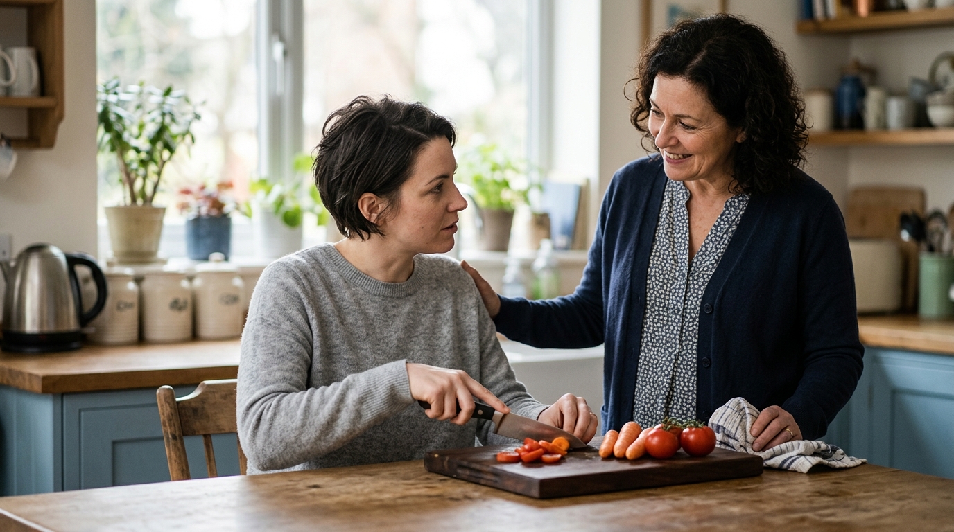 Caregiver supporting a person relearning daily routines during traumatic brain injury recovery.