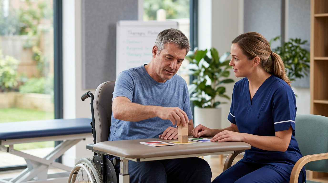 Caregiver supporting a person relearning daily routines during recovery from traumatic brain injury.