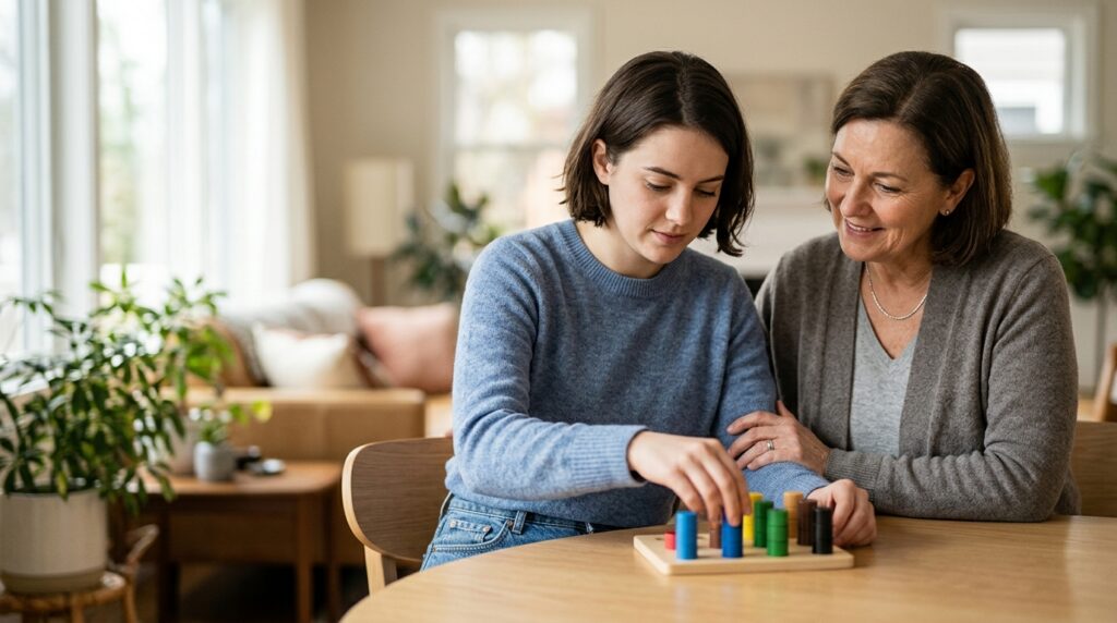Caregiver supporting a person relearning daily routines during recovery from a traumatic brain injury.