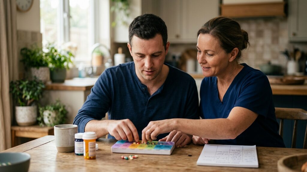 Caregiver supports a person relearning daily routines during recovery from a traumatic brain injury.