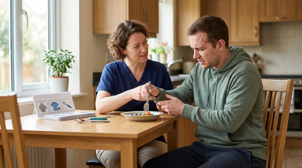Caregiver supports a person relearning daily routines during rehabilitation after amputation.