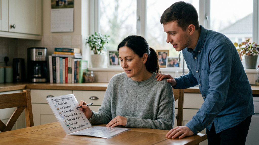 Caregiver supports a person relearning daily routines during traumatic brain injury recovery.